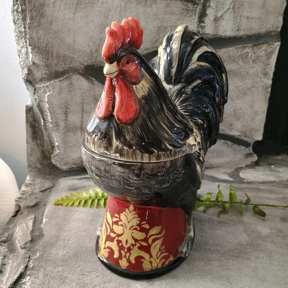 Large Red And Black Rooster Canister Or Cookie Jar, Cottage Cabin Core - Picture 2 of 16